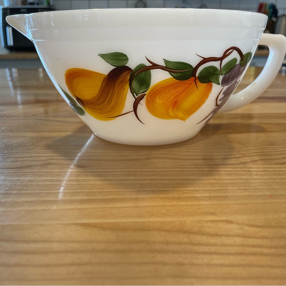 One vintage Fire King large batter bowl with handle and spout. Federal glass